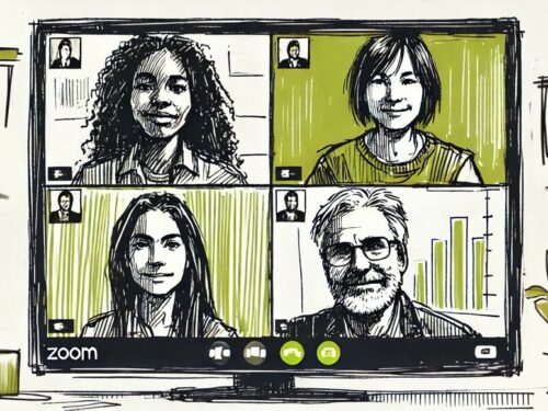 An illustration of four people on a zoom call comprising three women and one man.